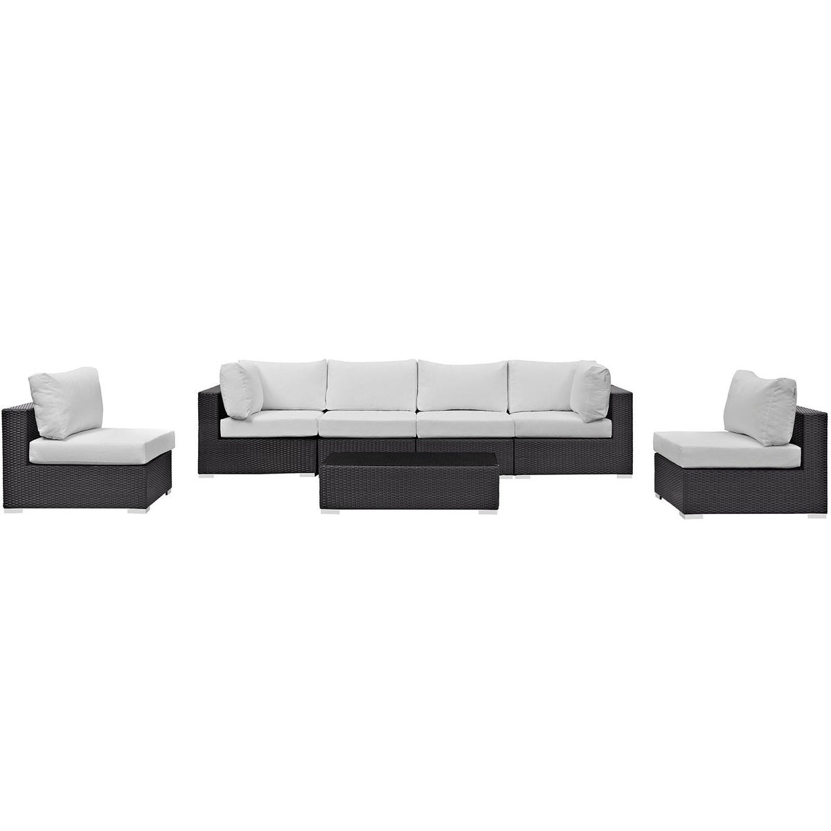 Convene 7-Piece Sectional Set by Modway, dark wicker with white cushions, coffee table on Tampa Home & Garden Store