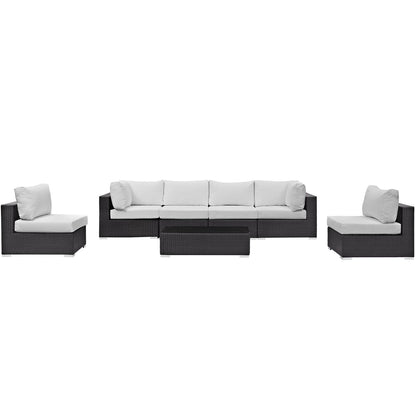 Convene 7-Piece Sectional Set by Modway, dark wicker with white cushions, coffee table on Tampa Home & Garden Store