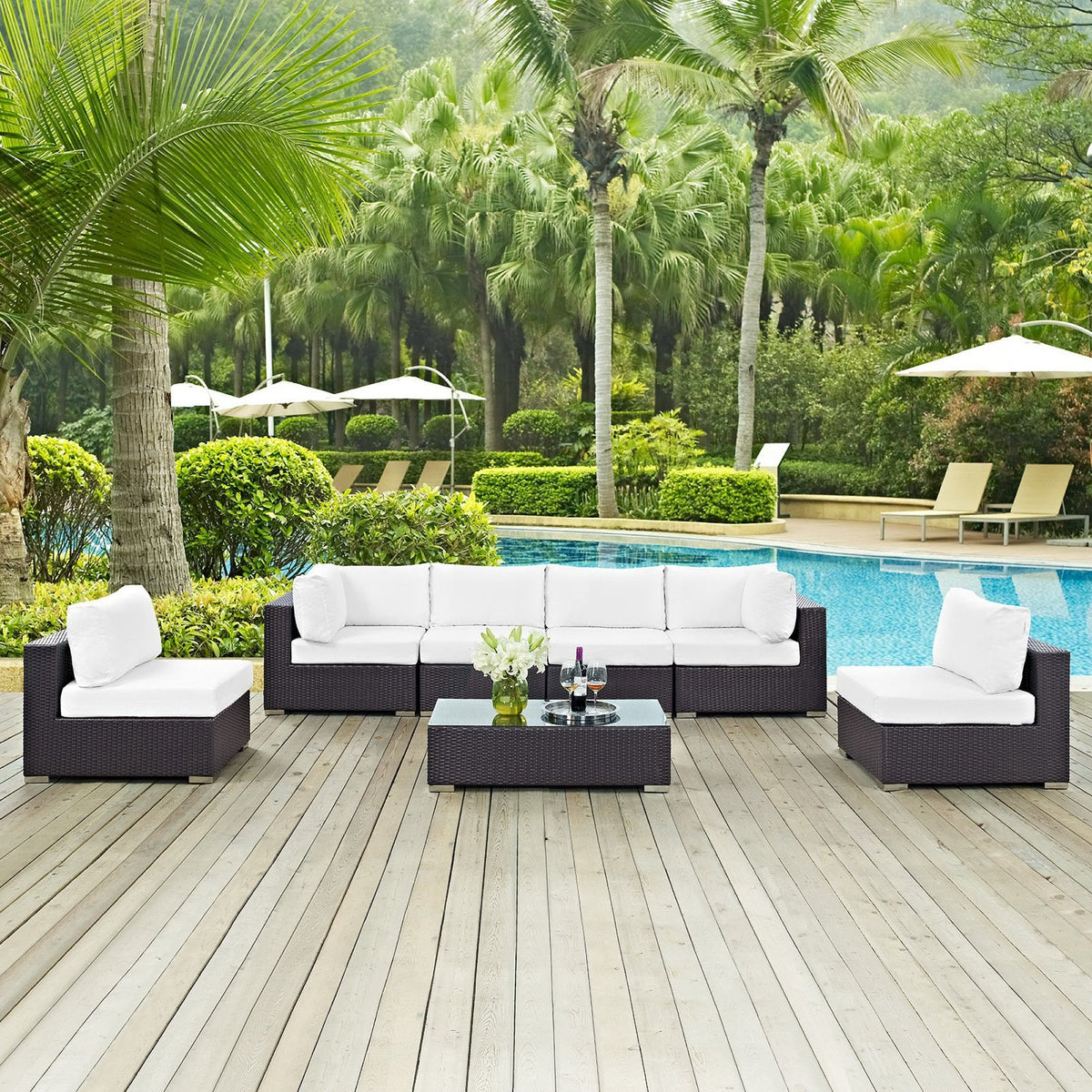 Convene 7 Piece Outdoor Patio Sectional Set by Modway, dark wicker frame with white cushions on Tampa Home & Garden Store