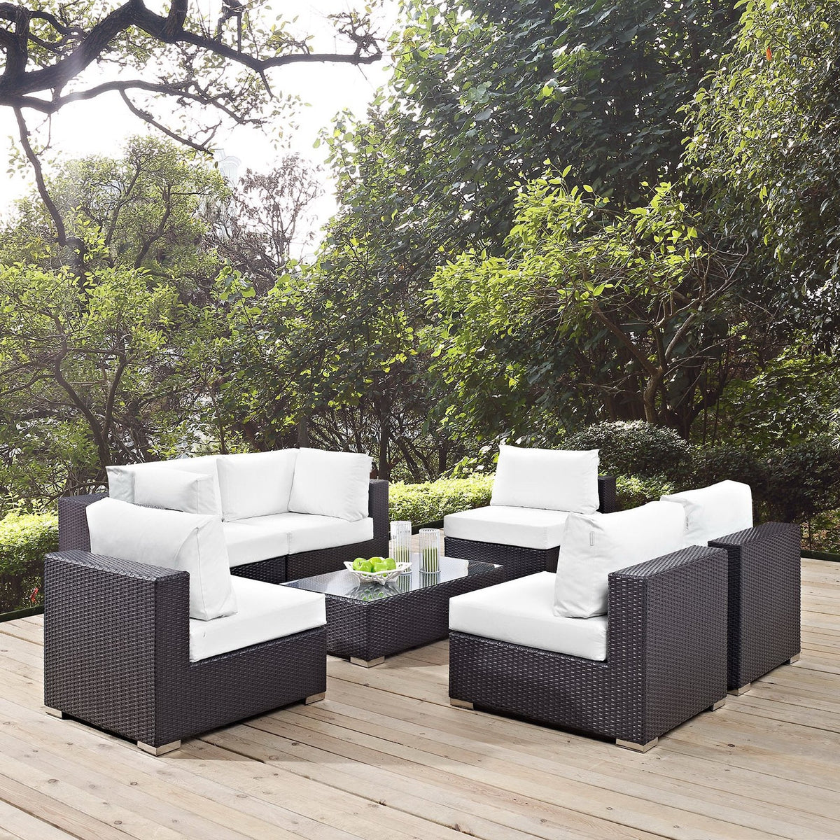 Convene 7-Piece outdoor sectional set in dark wicker with white cushions on deck by Modway on Tampa Home & Garden Store