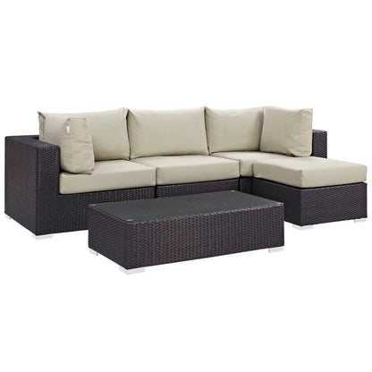 Convene 5 Piece Outdoor Sectional Set Modway dark wicker with beige cushions and coffee table on Tampa Home & Garden Store