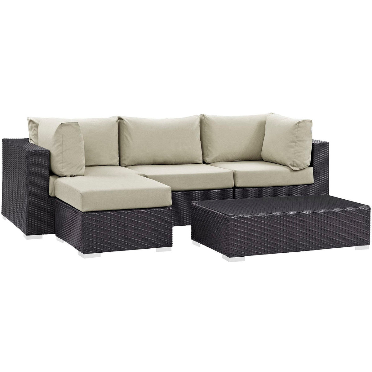 Convene 5-Piece Outdoor Patio Sectional Set with beige cushions on dark brown wicker on Tampa Home & Garden Store