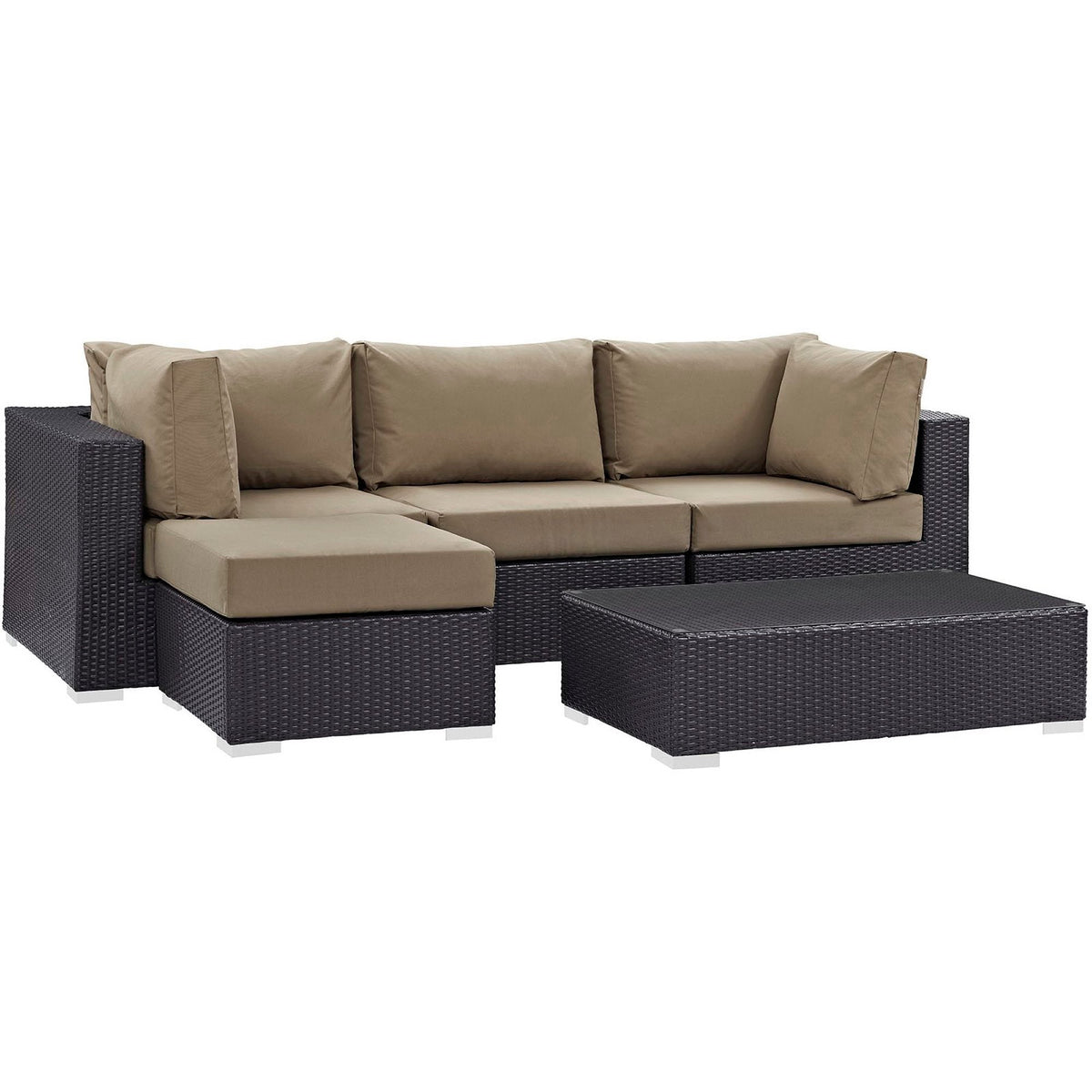 Convene 5-piece outdoor sectional set with dark wicker and tan cushions and a coffee table on Tampa Home & Garden Store