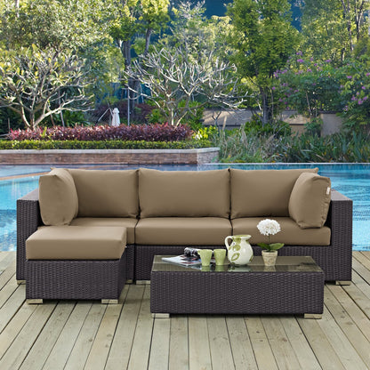 Convene 5-Piece Outdoor Sectional Set dark brown wicker with tan cushions and glass coffee table on Tampa Home & Garden Store