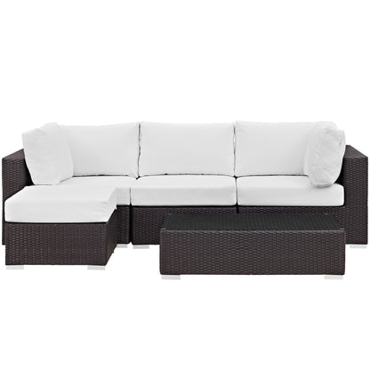 Convene 5 Piece Outdoor Patio Sectional Set in brown wicker with white cushions on Tampa Home & Garden Store