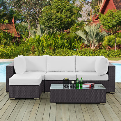 Convene 5 pc outdoor patio sectional set in dark brown wicker with white cushions by Modway on Tampa Home & Garden Store