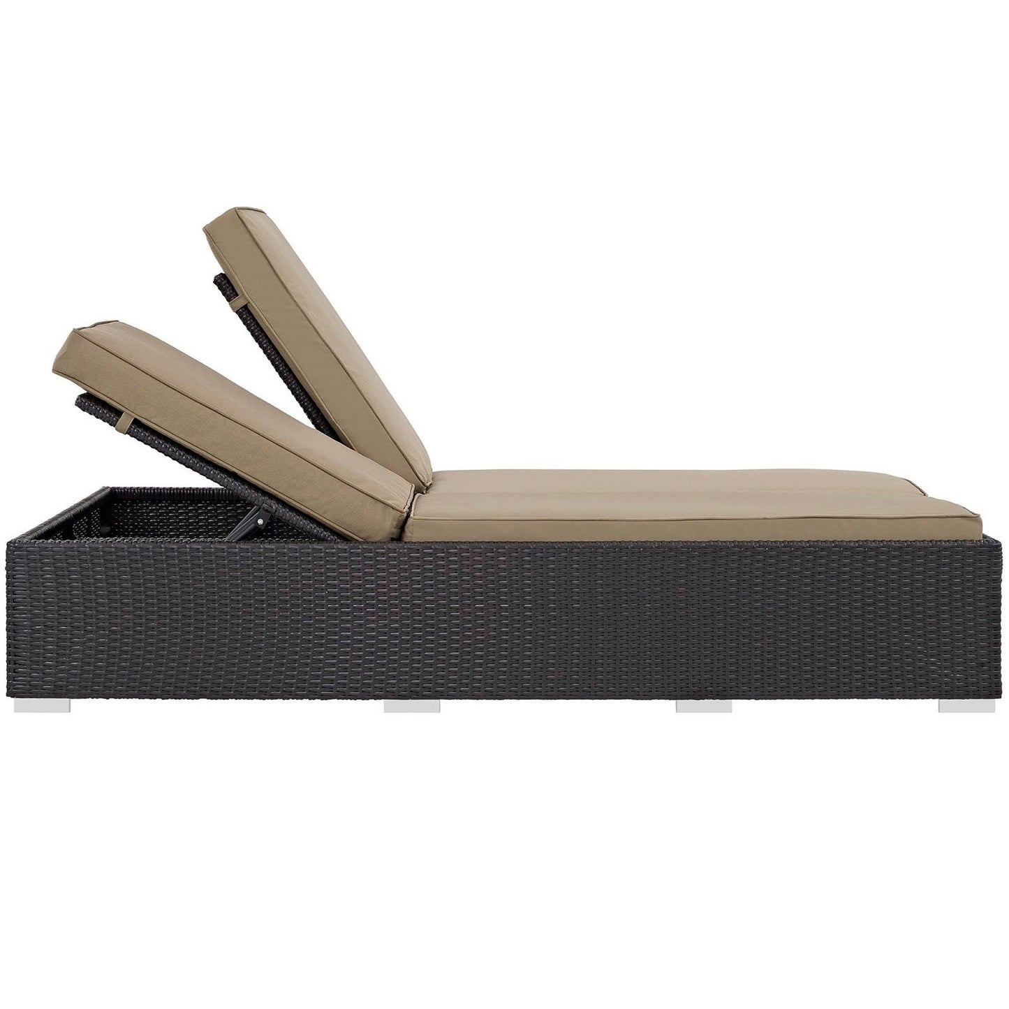 Convene Double Outdoor Patio Chaise with tan cushions on dark wicker base on Tampa Home & Garden Store