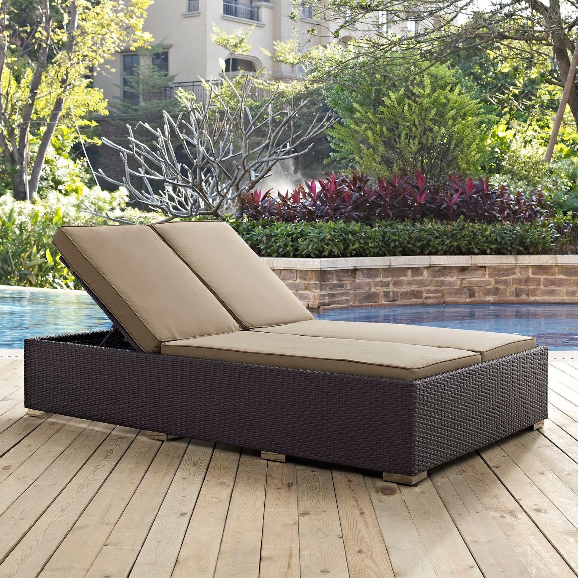 Convene Double Outdoor Patio Chaise by Modway with beige cushions on woven brown wicker base on Tampa Home & Garden Store