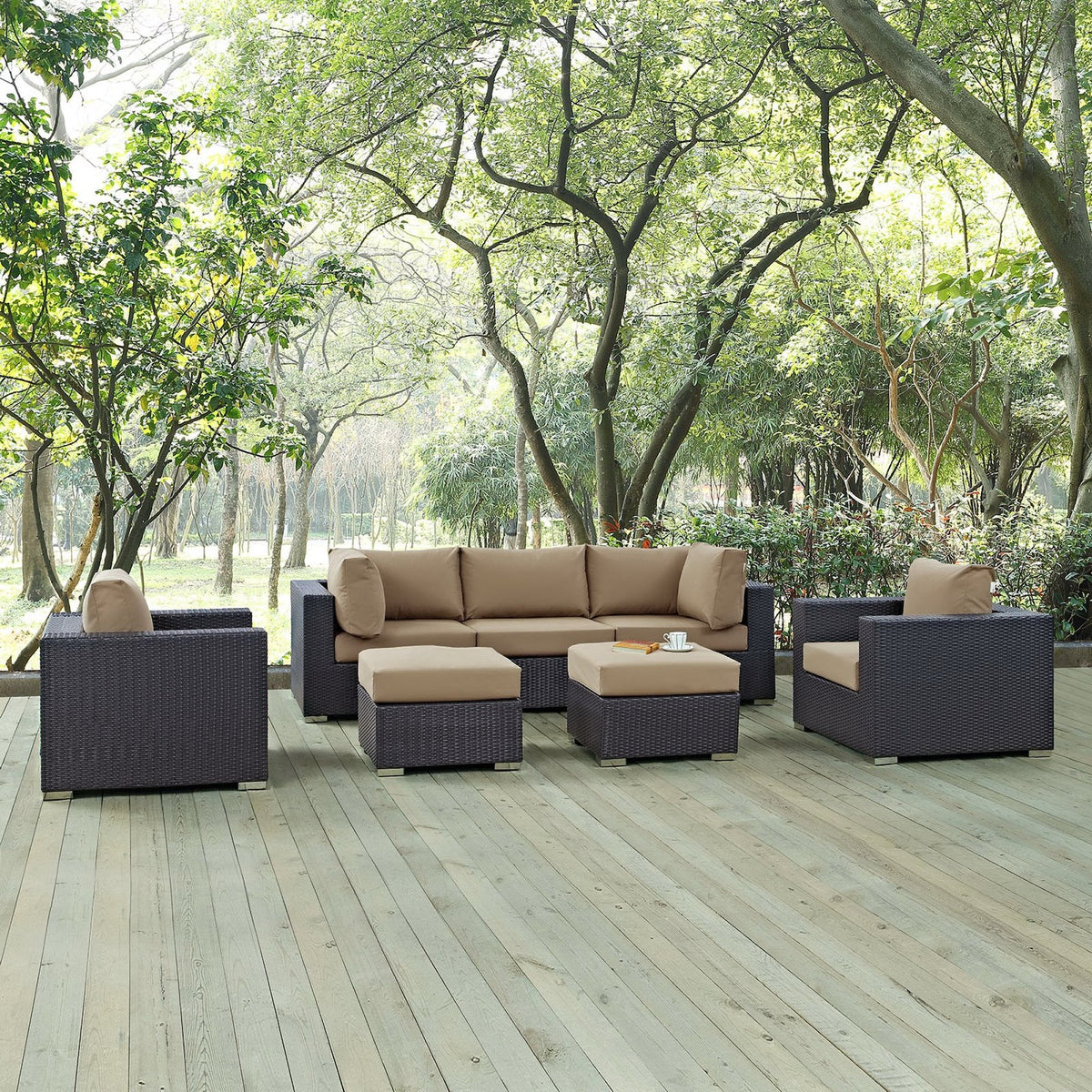 Convene 7-piece outdoor patio sectional in dark wicker with beige cushions; modular sofa set on Tampa Home & Garden Store