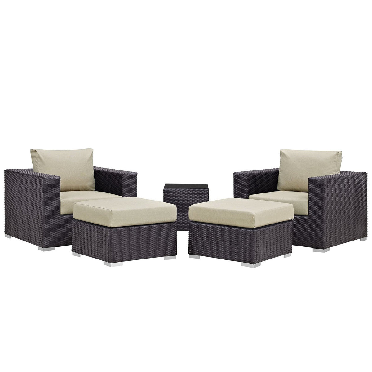 Convene 5-piece dark brown wicker sectional with beige cushions on Tampa Home & Garden Store