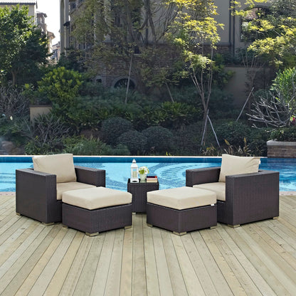 Convene 5 Piece Patio Sectional Set by Modway, dark brown wicker with beige cushions by pool on Tampa Home & Garden Store