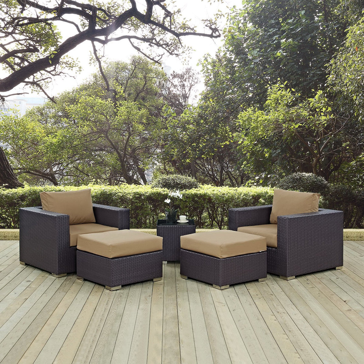 Convene 5-Piece Outdoor Patio Sectional Set with dark wicker frames and tan cushions on Tampa Home & Garden Store