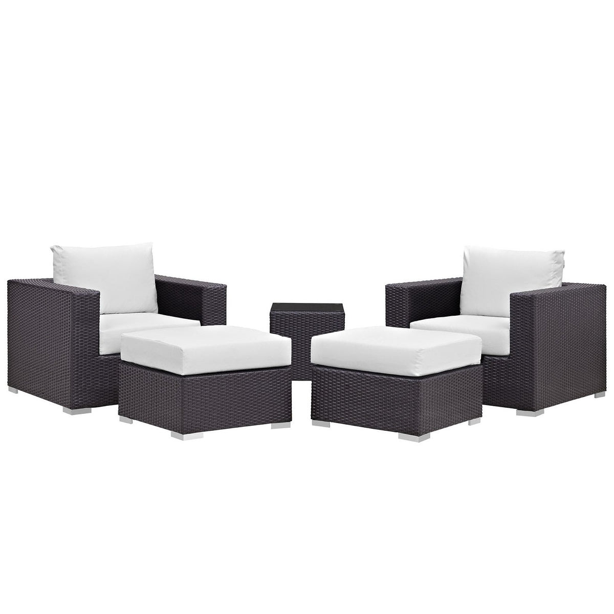 Convene 5-piece sectional set in dark brown wicker with white cushions and coffee table on Tampa Home & Garden Store