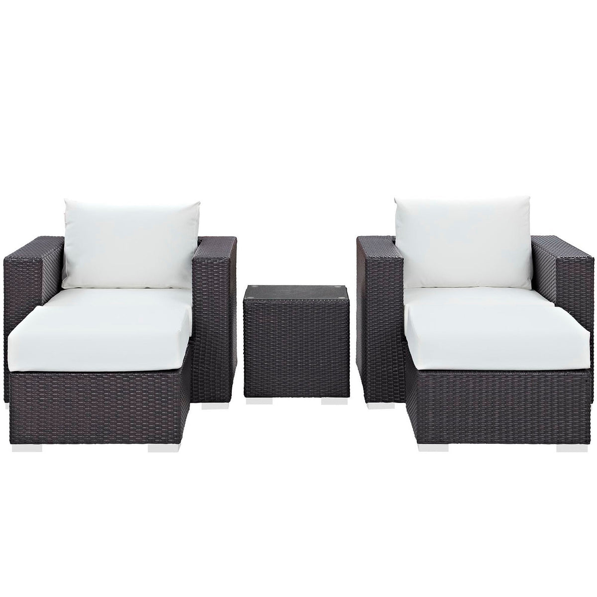 Convene 5 Piece Patio Set dark brown wicker with white cushions; two chairs and table on Tampa Home & Garden Store