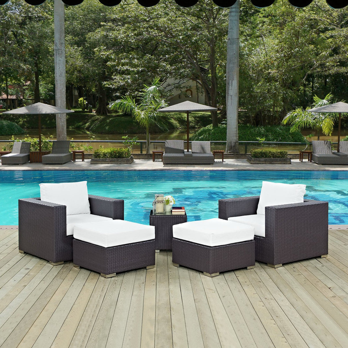 Convene 5-Piece Outdoor Patio Sectional Set dark wicker with white cushions poolside on Tampa Home & Garden Store