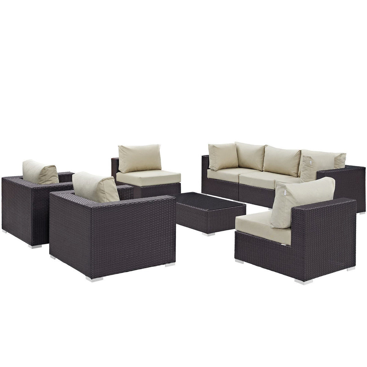 Convene 8-Piece outdoor sectional set in dark brown wicker with beige cushions, sofa pieces on Tampa Home & Garden Store