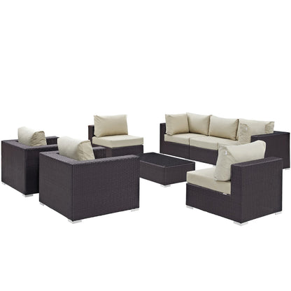 Convene 8-Piece outdoor sectional set in dark brown wicker with beige cushions, sofa pieces on Tampa Home & Garden Store