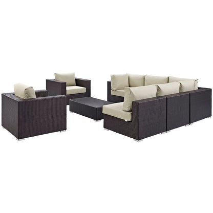 Convene 8pc Outdoor Patio Sectional by Modway in dark brown wicker with beige cushions on Tampa Home & Garden Store