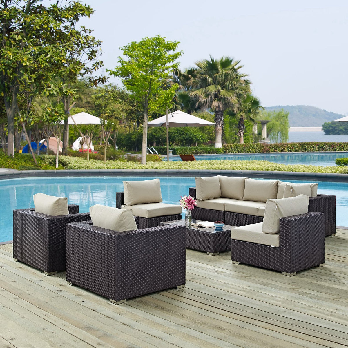 Convene 8 Piece Outdoor Patio Sectional Set dark brown wicker beige cushions Modway on Tampa Home & Garden Store