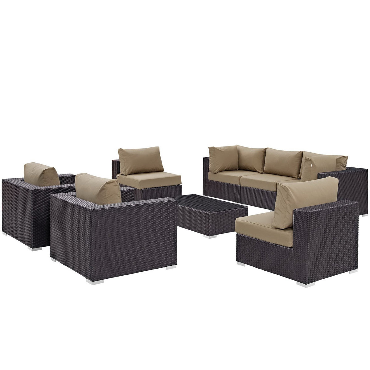 Convene 8-piece outdoor patio sectional set by Modway with dark wicker frames and tan cushions on Tampa Home & Garden Store