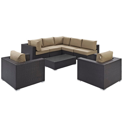 Convene 8 Piece Outdoor Patio Sectional Set dark brown wicker with beige cushions on Tampa Home & Garden Store
