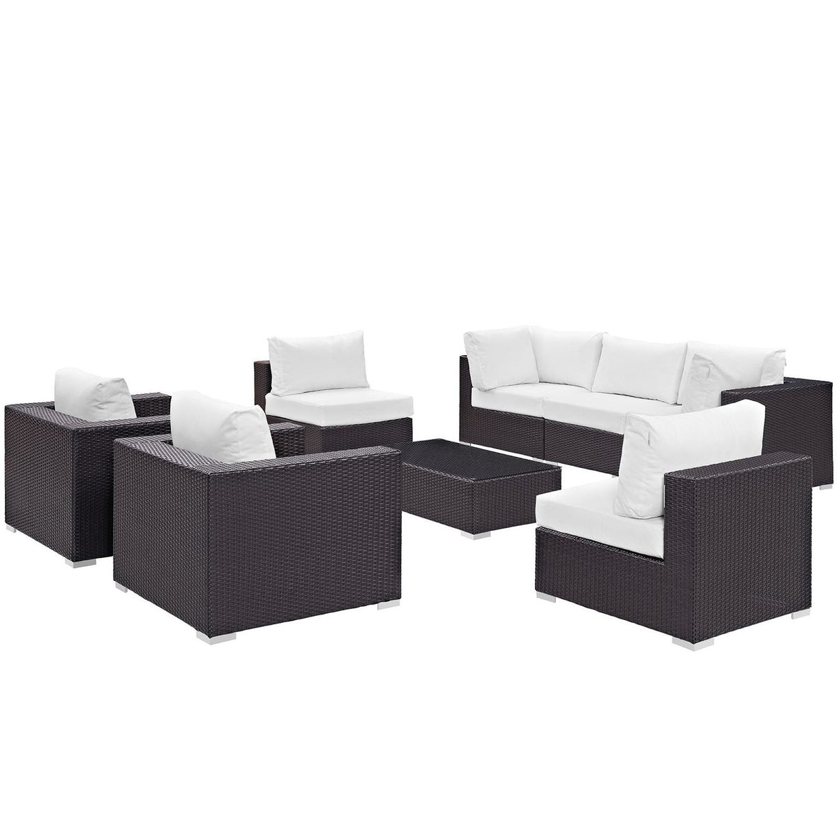 Convene 8 Piece Outdoor Patio Sectional Set brown wicker with white cushions modular seating on Tampa Home & Garden Store