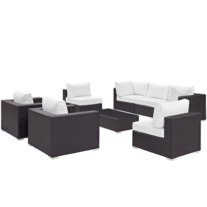 Convene 8 Piece Outdoor Patio Sectional Set brown wicker with white cushions modular seating on Tampa Home & Garden Store