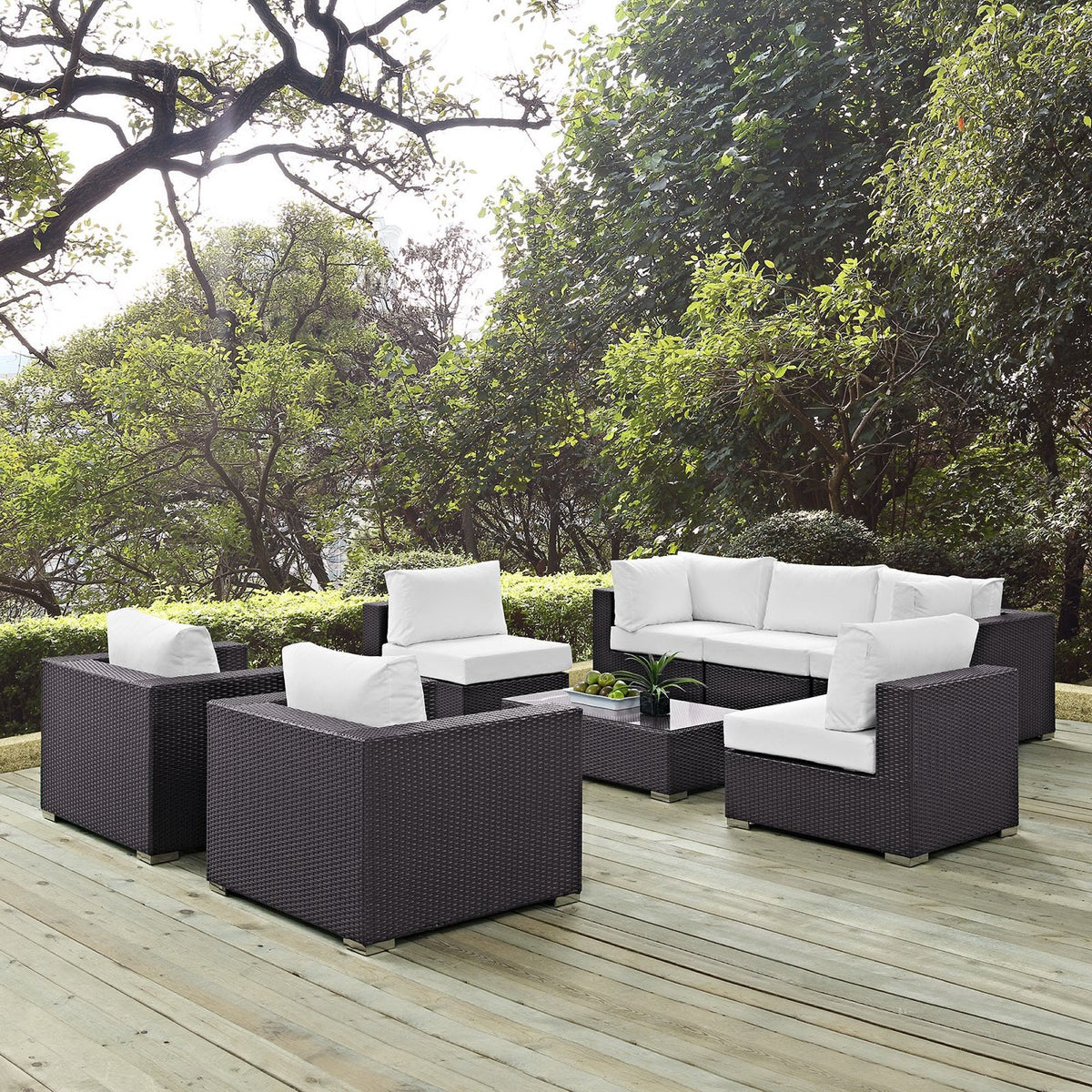 Convene 8 Piece Outdoor Sectional Set with dark wicker and white cushions on Tampa Home & Garden Store
