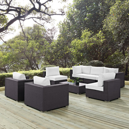 Convene 8 Piece Outdoor Sectional Set with dark wicker and white cushions on Tampa Home & Garden Store