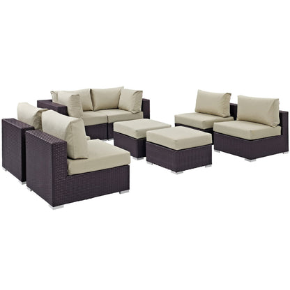 Convene 8-Piece Outdoor Patio Sectional Set beige cushions on dark wicker frames on Tampa Home & Garden Store