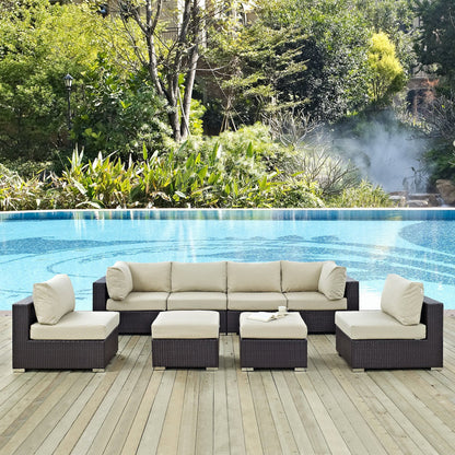 Convene 8-Piece Outdoor Patio Sectional Set with beige cushions in dark wicker, poolside deck on Tampa Home & Garden Store