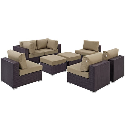 Convene 8 Piece Outdoor Patio Sectional Set with dark wicker frames and tan cushions on Tampa Home & Garden Store