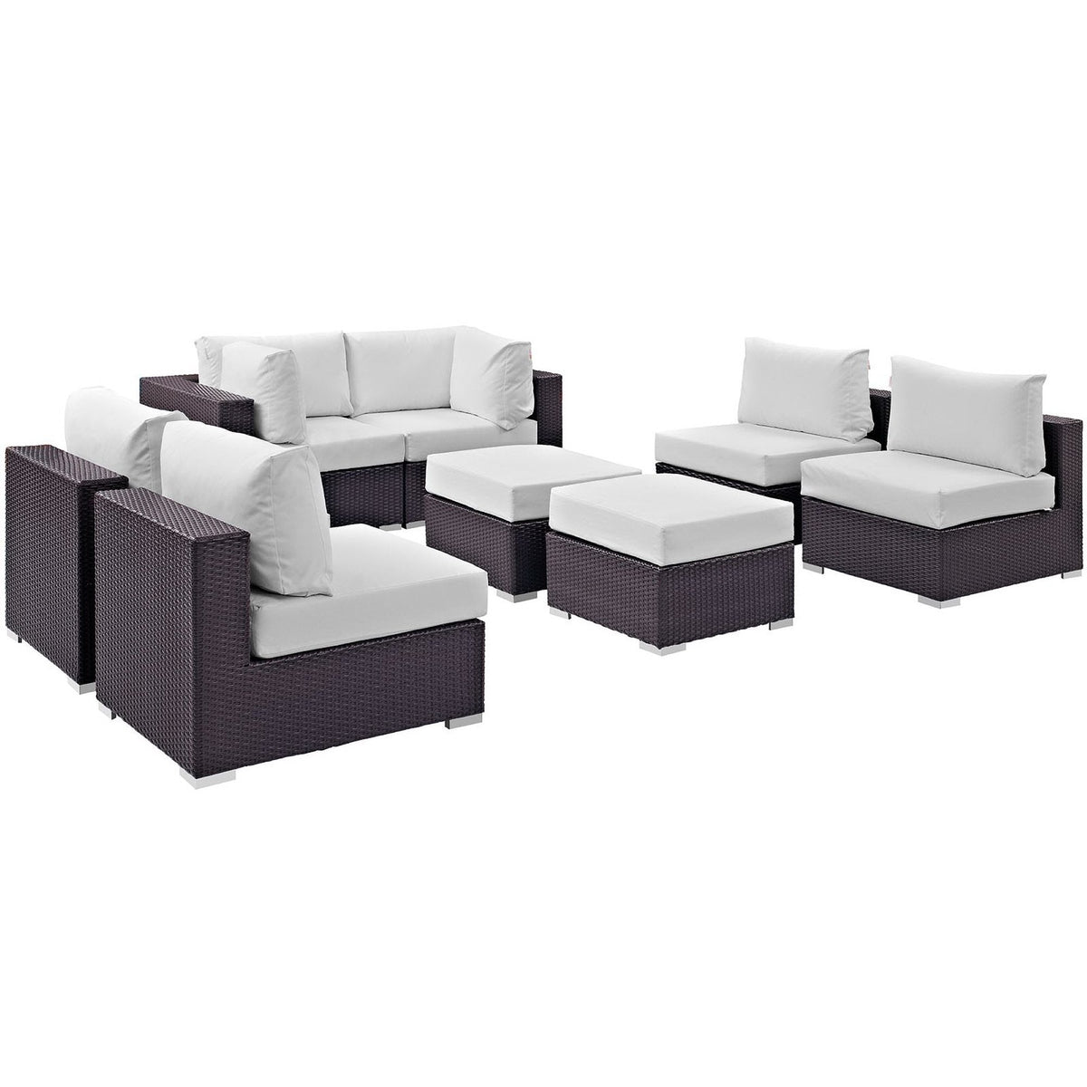 Convene 8 Piece Patio Sectional Set by Modway in dark brown wicker with white cushions on Tampa Home & Garden Store