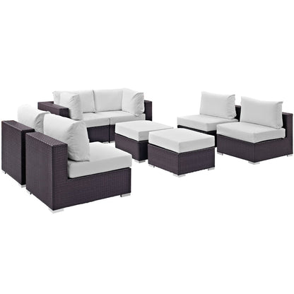Convene 8 Piece Patio Sectional Set by Modway in dark brown wicker with white cushions on Tampa Home & Garden Store