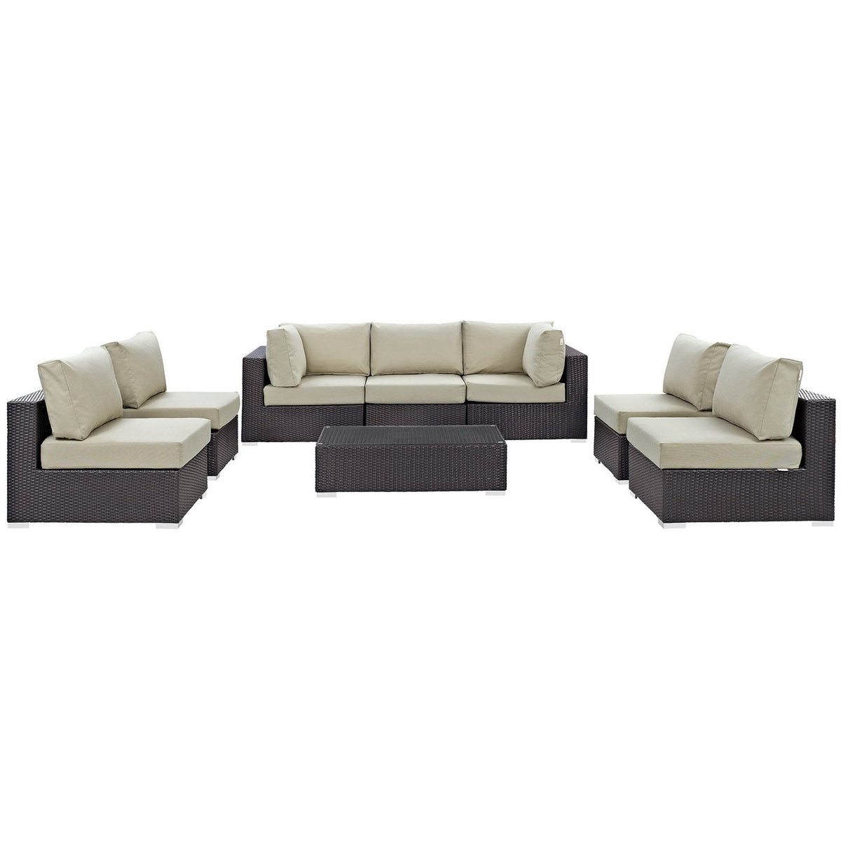 Convene 8-Piece Outdoor Sectional Set dark wicker with beige cushions and coffee table HouseOfZazla on Tampa Home & Garden Store