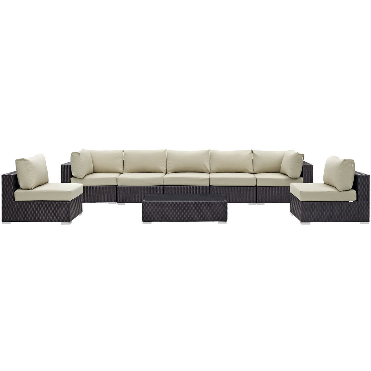 Convene 8 Piece Outdoor Patio Sectional Set by Modway, beige cushions on dark wicker frame on Tampa Home & Garden Store
