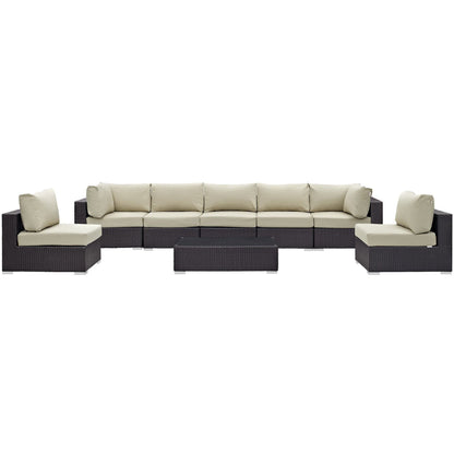 Convene 8 Piece Outdoor Patio Sectional Set by Modway, beige cushions on dark wicker frame on Tampa Home & Garden Store