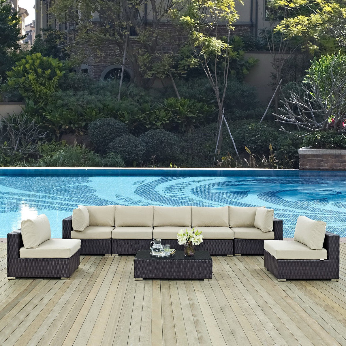 Convene 8-Piece Outdoor Patio Sectional Sofa Set by Modway with beige cushions and wicker on Tampa Home & Garden Store