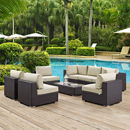 Convene 8 Piece Outdoor Patio Sectional Set by Modway in dark wicker with beige cushions poolside on Tampa Home & Garden Store