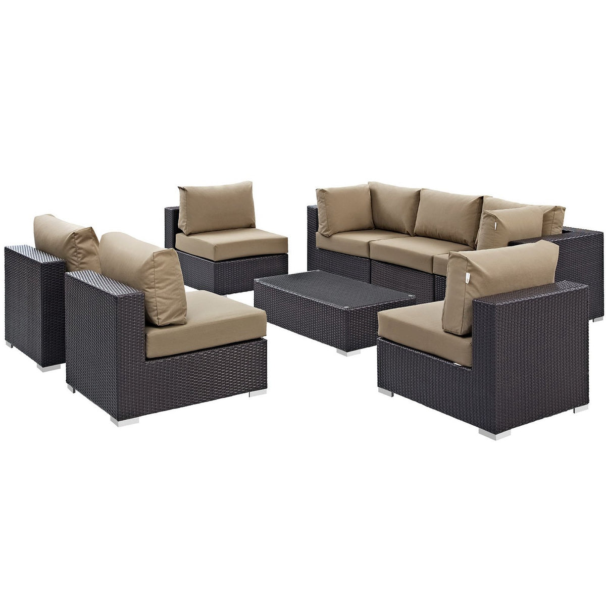 Convene 8 Piece Outdoor Patio Sectional Set by Modway, dark wicker frames with tan cushions on Tampa Home & Garden Store