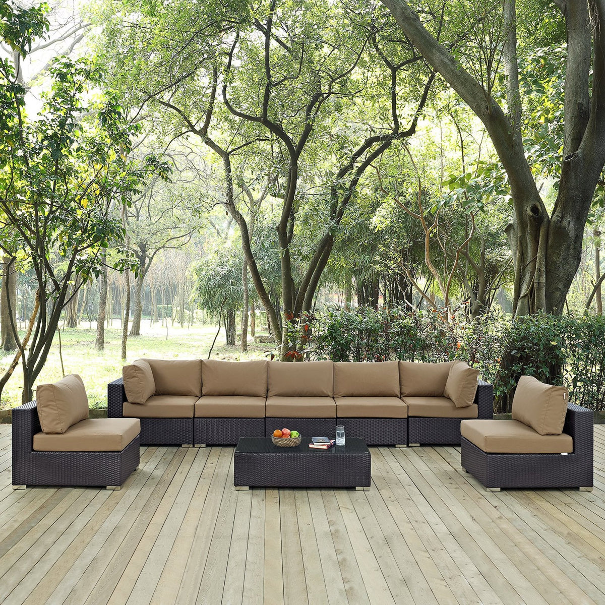 Convene 8-Piece outdoor sofa sectional with beige cushions on dark wicker for patio on Tampa Home & Garden Store
