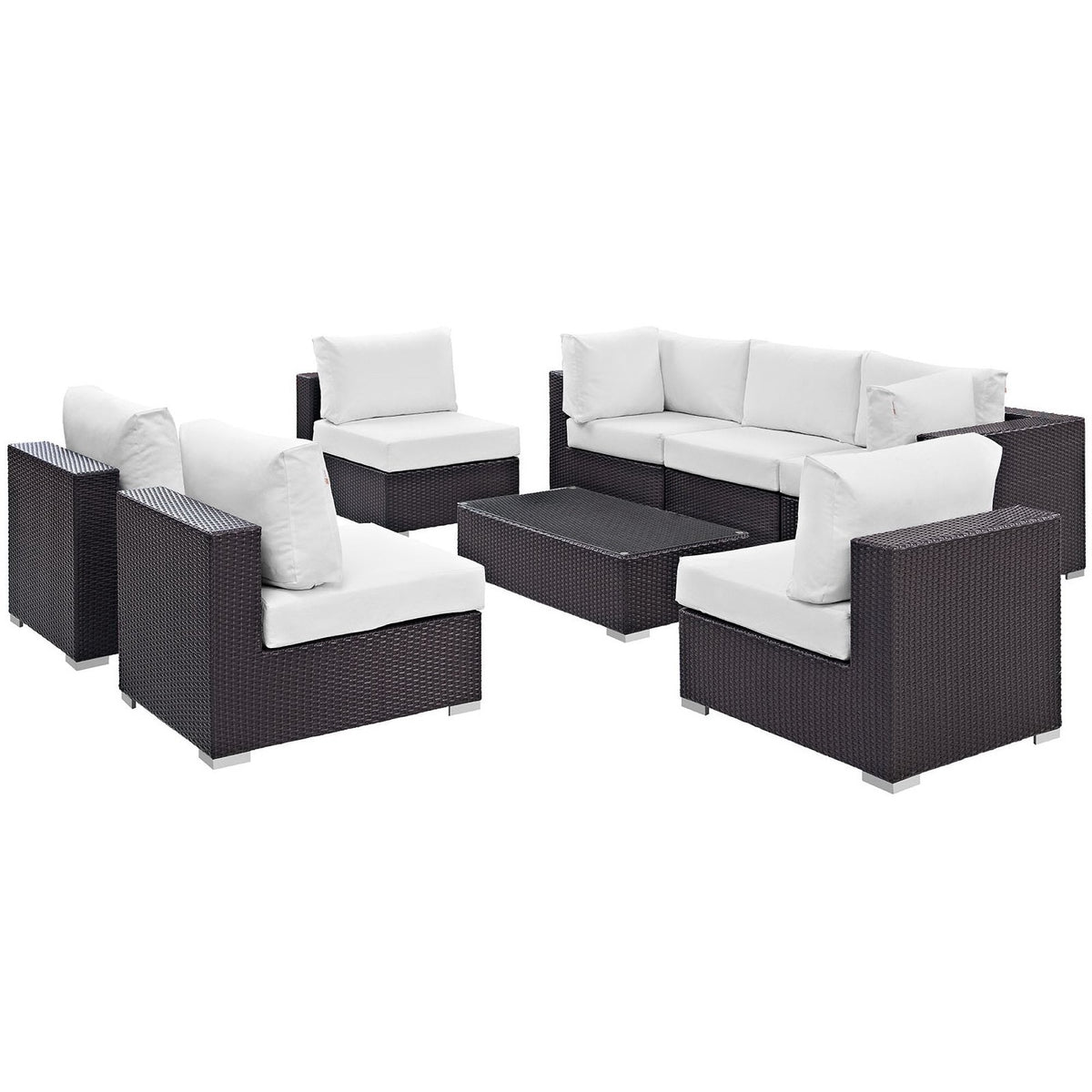 Convene 8 Piece Outdoor Sectional Set in dark wicker with white cushions, coffee table by HouseOfZazla on Tampa Home & Garden Store