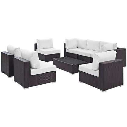 Convene 8 Piece Outdoor Sectional Set in dark wicker with white cushions, coffee table by HouseOfZazla on Tampa Home & Garden Store