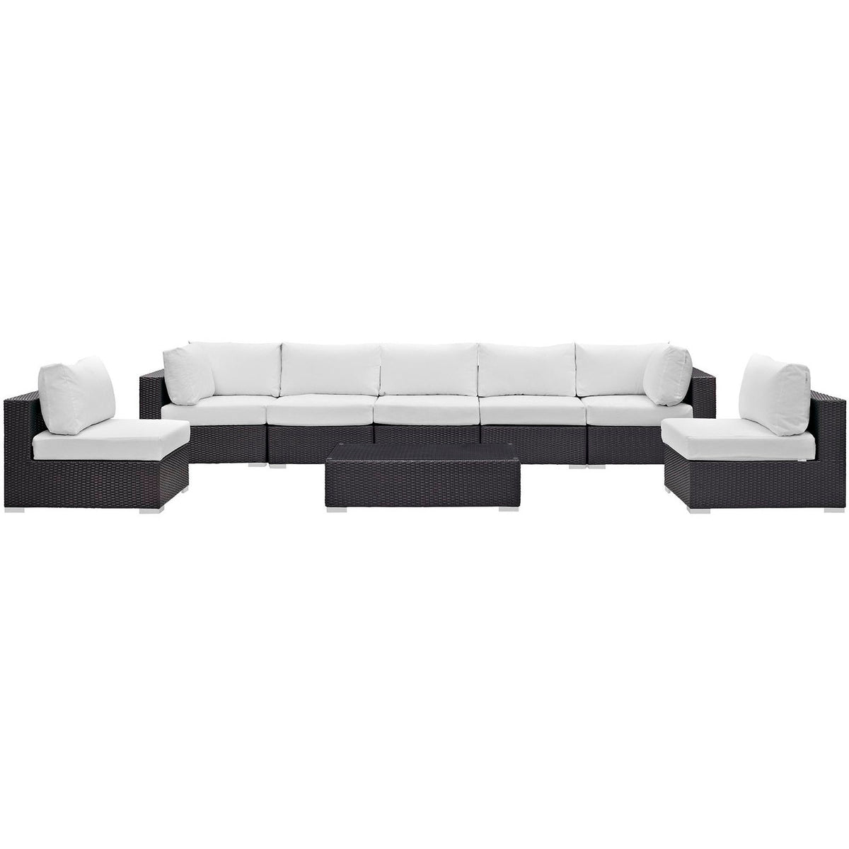 Convene 8 Piece outdoor sectional in dark wicker with white cushions, modular sofa set on Tampa Home & Garden Store