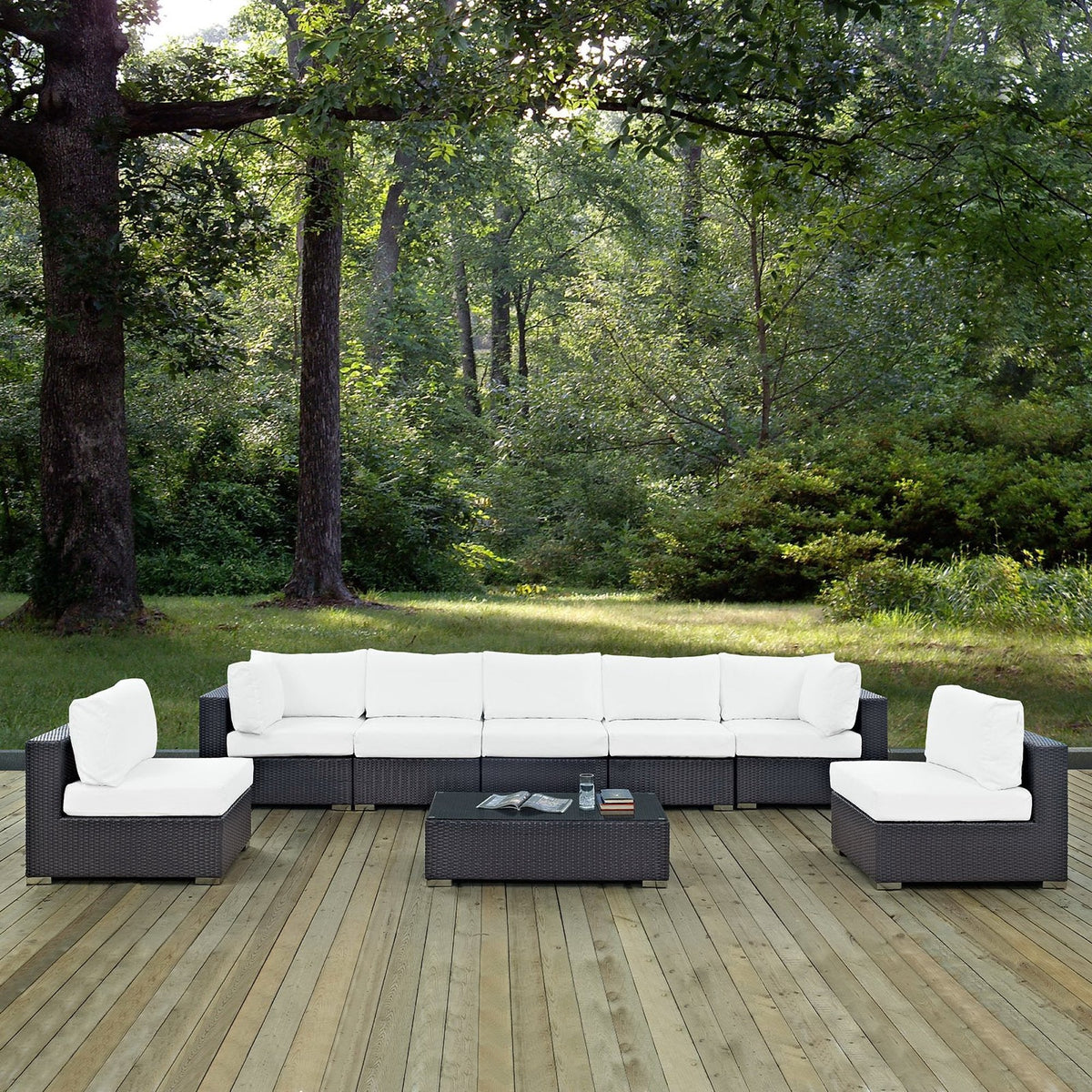Convene 8-piece outdoor sectional with white cushions and dark wicker, coffee table on Tampa Home & Garden Store