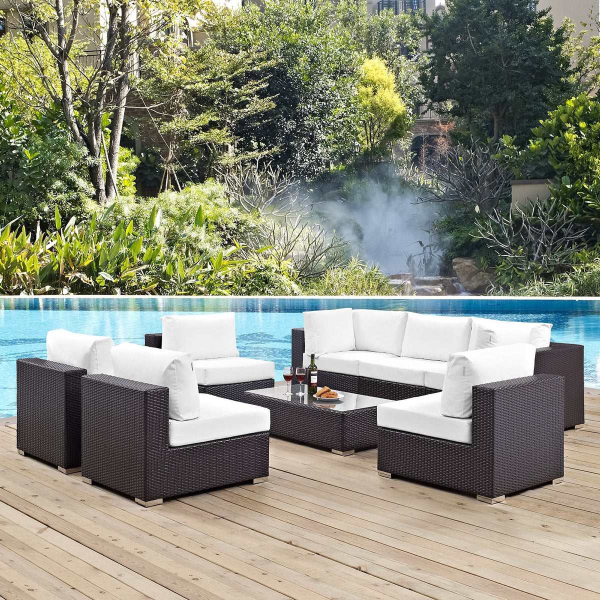Convene 8 Piece Outdoor Patio Sectional Set by Modway, dark brown wicker with white cushions poolside on Tampa Home & Garden Store