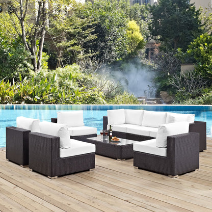 Convene 8 Piece Outdoor Patio Sectional Set by Modway, dark brown wicker with white cushions poolside on Tampa Home & Garden Store