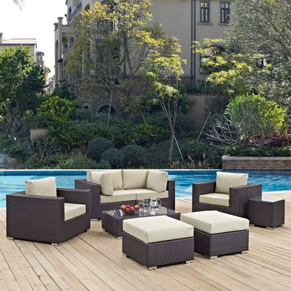 Convene 8-Piece Outdoor Patio Sectional Set by Modway brown wicker with beige cushions poolside on Tampa Home & Garden Store