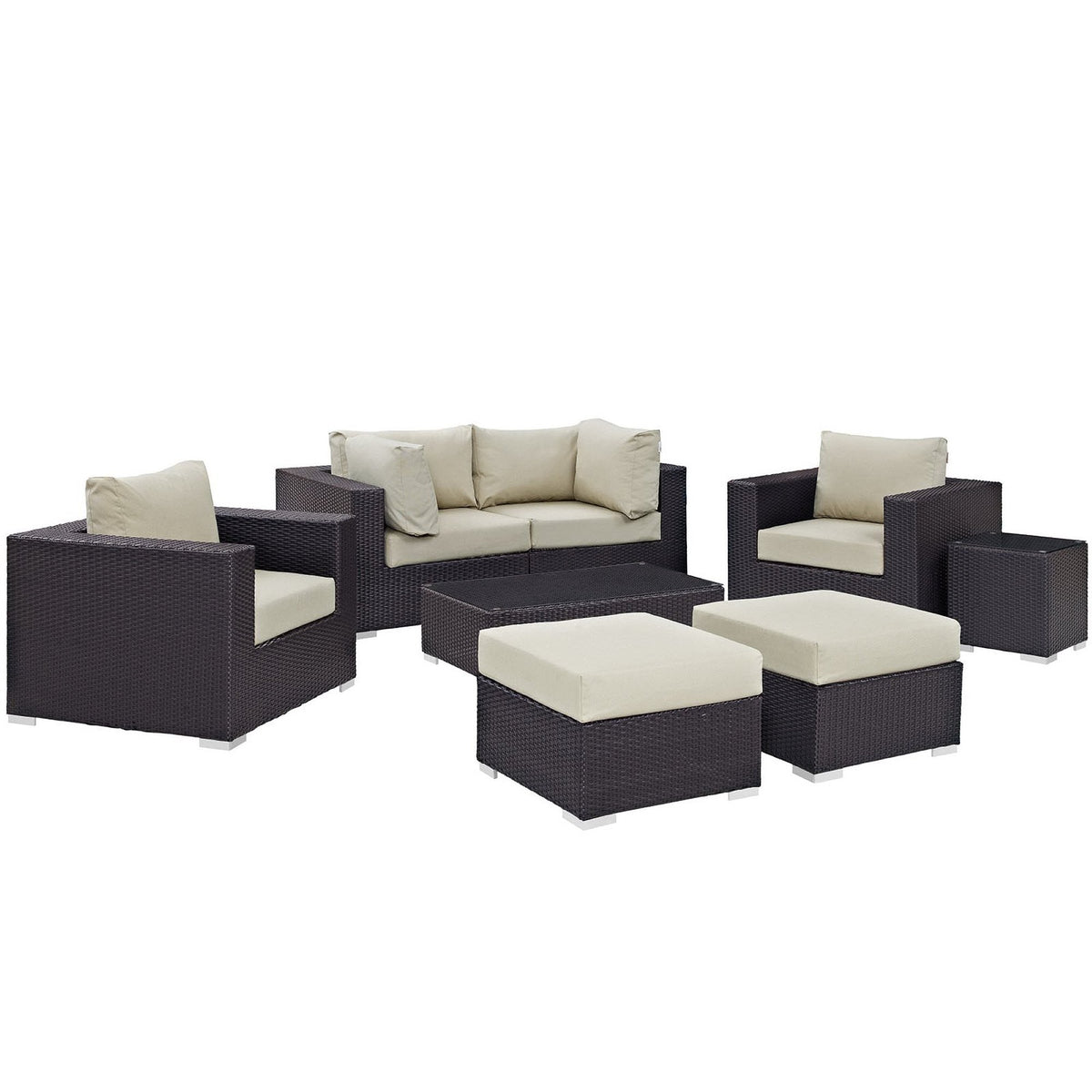 Convene 8-piece outdoor sectional set by Modway in dark brown wicker with beige cushions on Tampa Home & Garden Store
