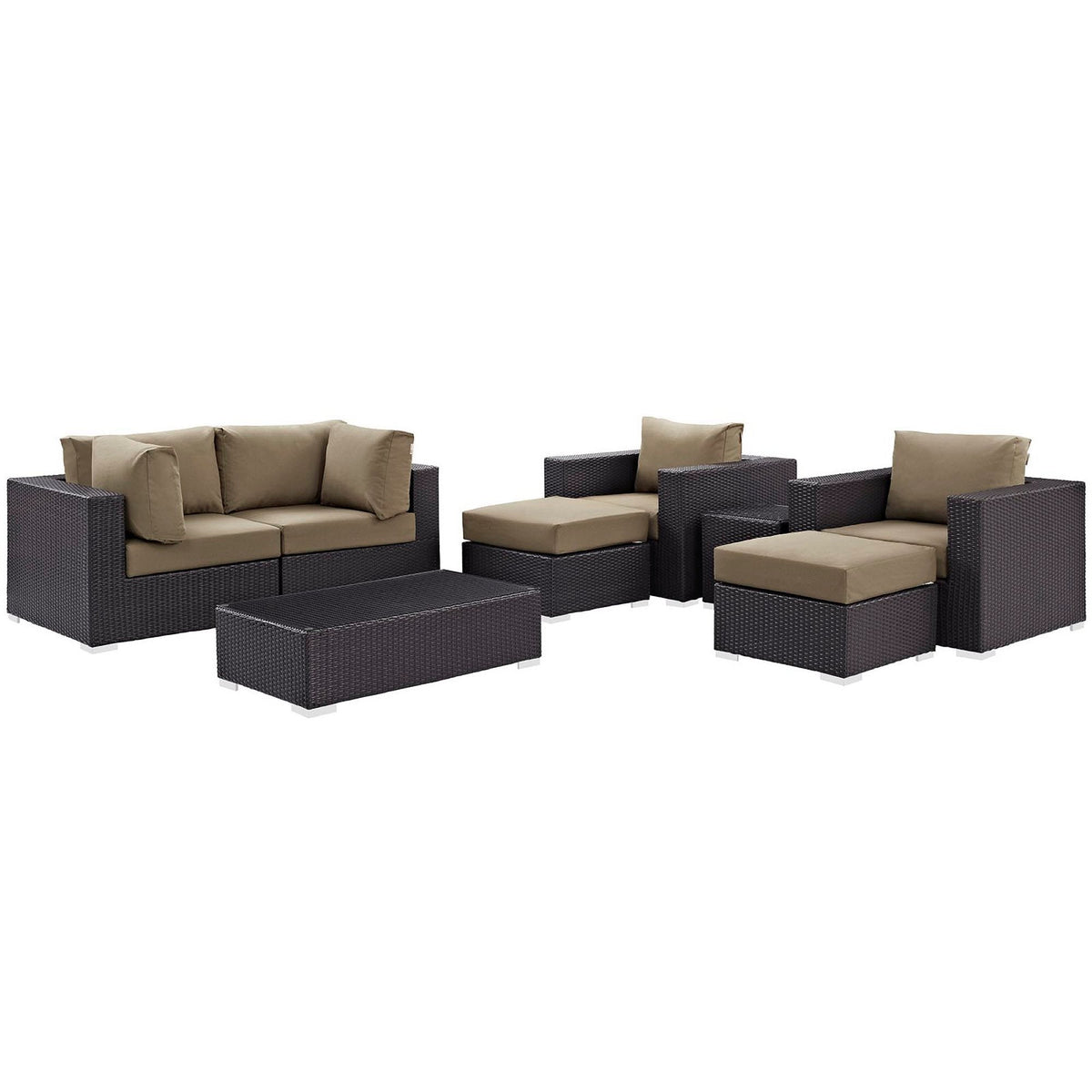 Convene 8 Piece Outdoor Patio Set brown wicker with tan cushions includes sofa and table on Tampa Home & Garden Store